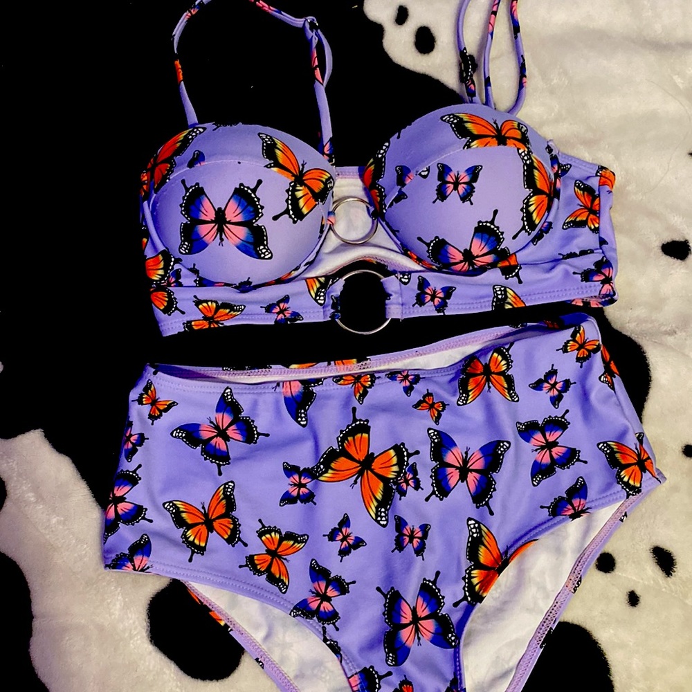 Butterfly Print Ring Linked Push Up Bikini Swimsuit from SHEIN size Small.